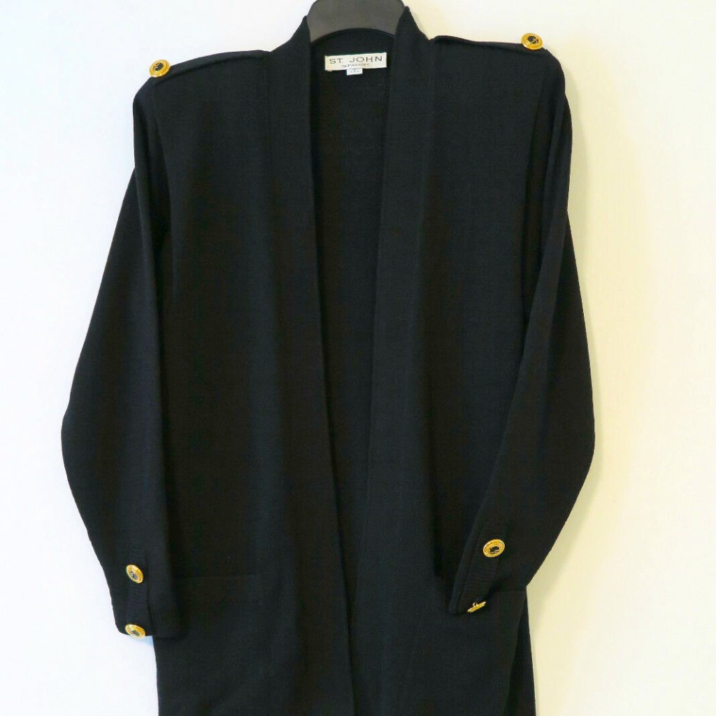 Vintage St. John Separates Black Santana Knit Gold Button Cardigan Size P